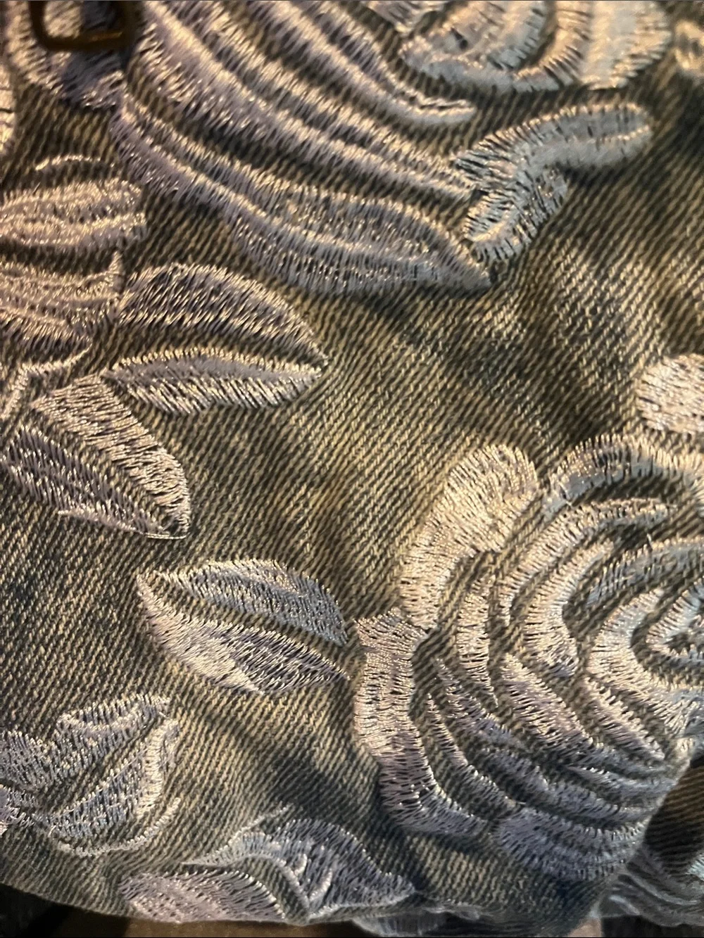 Patricia Nash Denim Floral Embroidered Bag with Brown Leather Strap